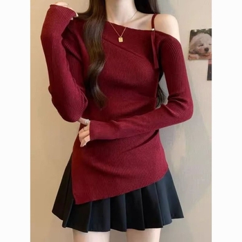 Тениска с плетен дизайн за есенно-зимно време, вискозна материя, без ръкави, бродерия, оверсайз кройка, яка с една линия, къс модел (дължина 40–50 см)