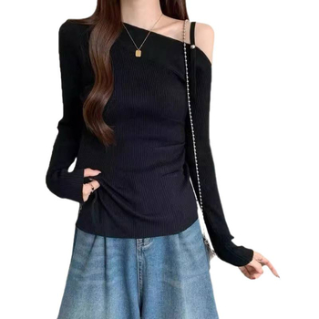 Тениска с плетен дизайн за есенно-зимно време, вискозна материя, без ръкави, бродерия, оверсайз кройка, яка с една линия, къс модел (дължина 40–50 см)