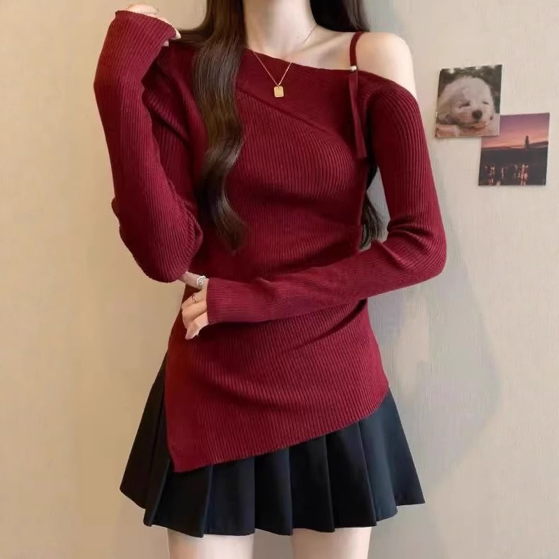 Тениска с плетен дизайн за есенно-зимно време, вискозна материя, без ръкави, бродерия, оверсайз кройка, яка с една линия, къс модел (дължина 40–50 см)