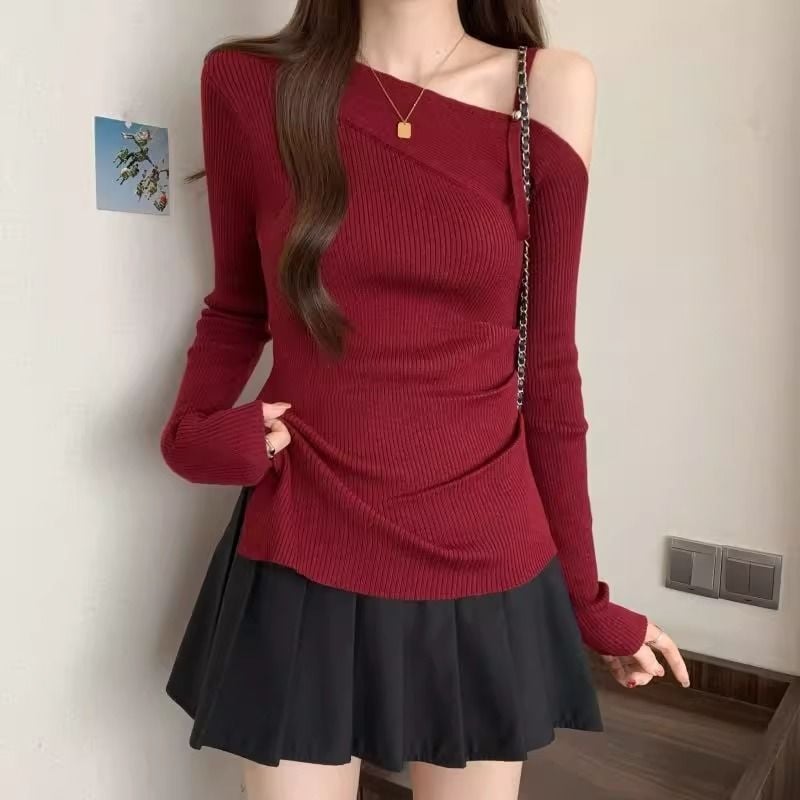 Тениска с плетен дизайн за есенно-зимно време, вискозна материя, без ръкави, бродерия, оверсайз кройка, яка с една линия, къс модел (дължина 40–50 см)