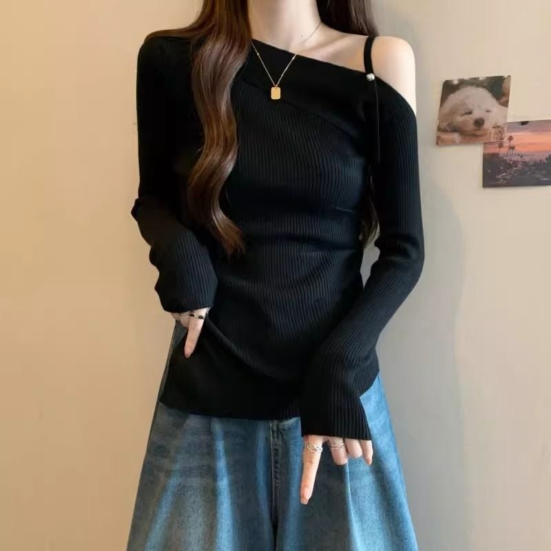 Тениска с плетен дизайн за есенно-зимно време, вискозна материя, без ръкави, бродерия, оверсайз кройка, яка с една линия, къс модел (дължина 40–50 см)