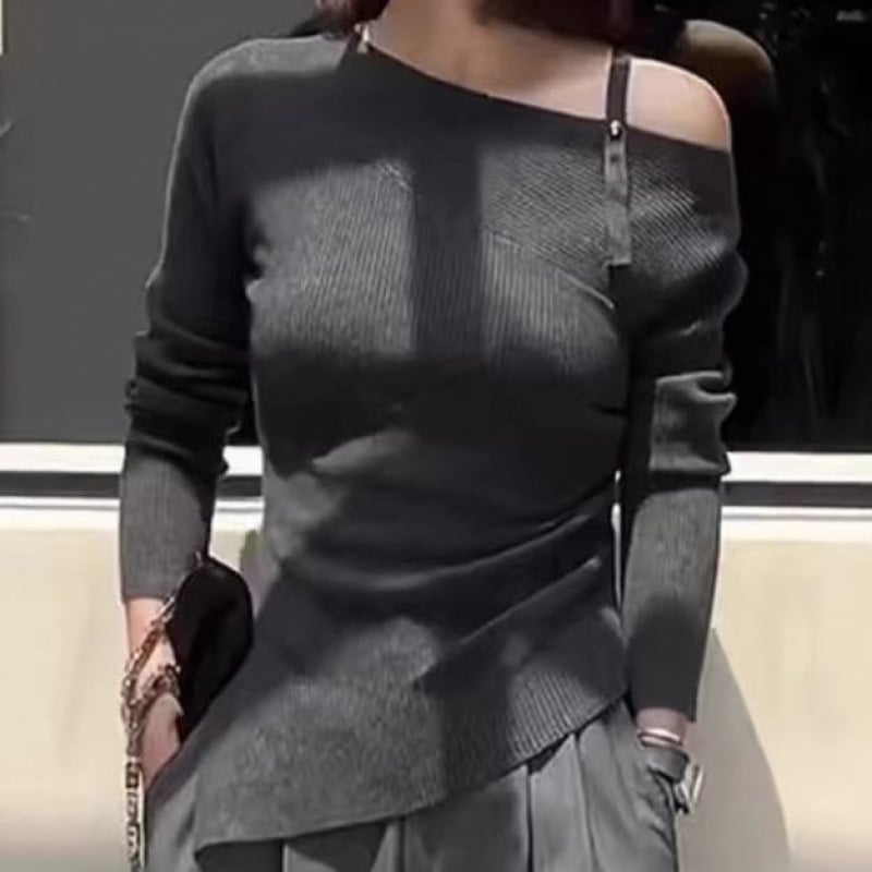 Тениска с плетен дизайн за есенно-зимно време, вискозна материя, без ръкави, бродерия, оверсайз кройка, яка с една линия, къс модел (дължина 40–50 см)