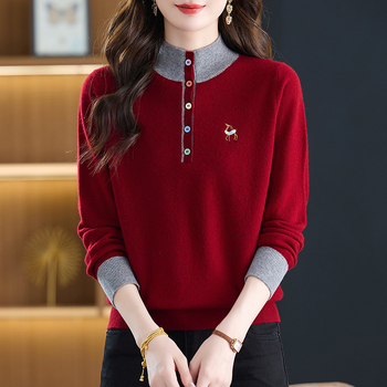 Sieviešu vilnas džemperis, īss garums, brīvs piegriezums, garas piedurknes, izšuvums, 95% vilna, Rudens 2025