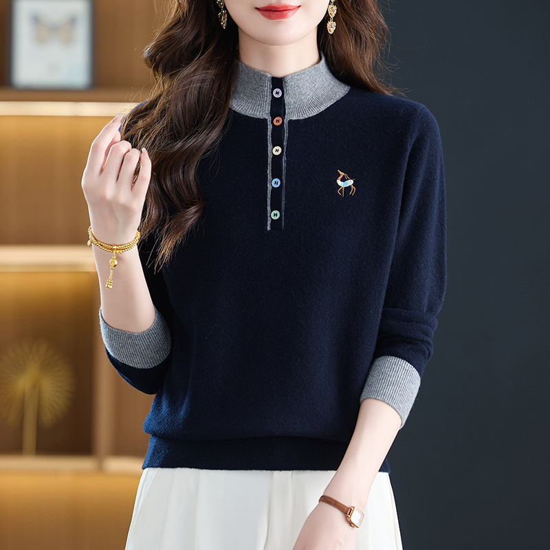 Sieviešu vilnas džemperis, īss garums, brīvs piegriezums, garas piedurknes, izšuvums, 95% vilna, Rudens 2025