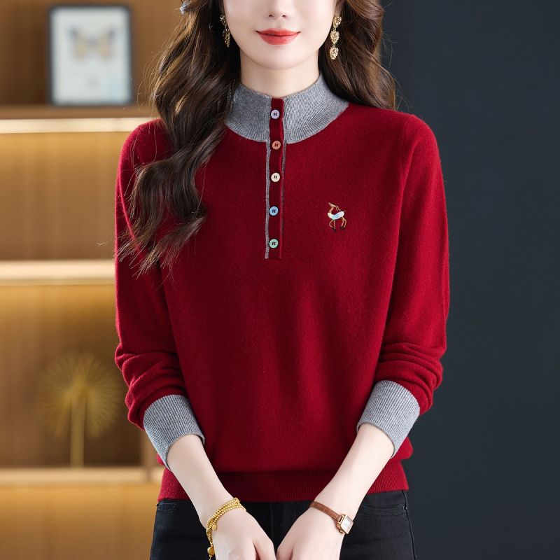 Sieviešu vilnas džemperis, īss garums, brīvs piegriezums, garas piedurknes, izšuvums, 95% vilna, Rudens 2025