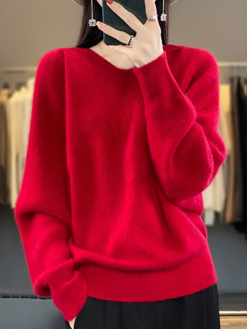 Ženski pleteni džemper s kapuljačom i raglan rukavima, batwing stil, široka silueta, mješavina vune i vlakana, jesen-zima