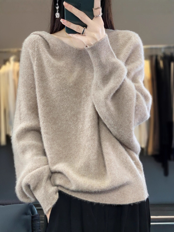 Ženski pleteni džemper s kapuljačom i raglan rukavima, batwing stil, široka silueta, mješavina vune i vlakana, jesen-zima