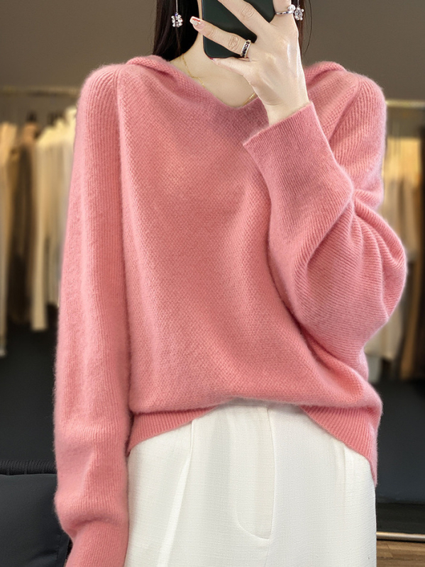 Ženski pleteni džemper s kapuljačom i raglan rukavima, batwing stil, široka silueta, mješavina vune i vlakana, jesen-zima
