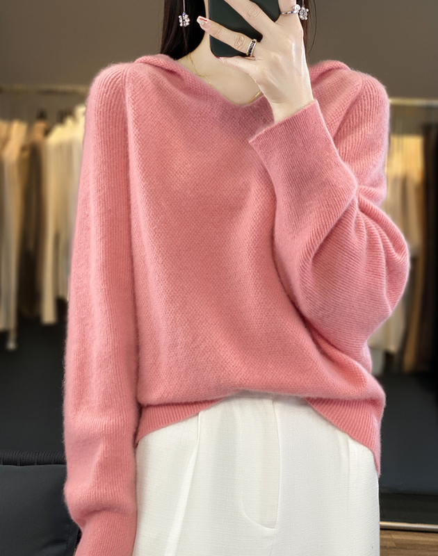 Ženski pleteni džemper s kapuljačom i raglan rukavima, batwing stil, široka silueta, mješavina vune i vlakana, jesen-zima