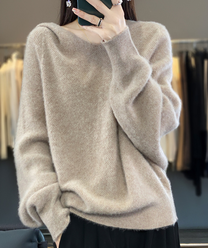Ženski pleteni džemper s kapuljačom i raglan rukavima, batwing stil, široka silueta, mješavina vune i vlakana, jesen-zima
