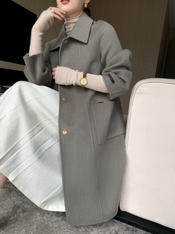 Γυναικείο μακρύ παλτό από μαλλί, διπλής όψεως, στενή γραμμή, λαιμόκοψη τύπου doll collar