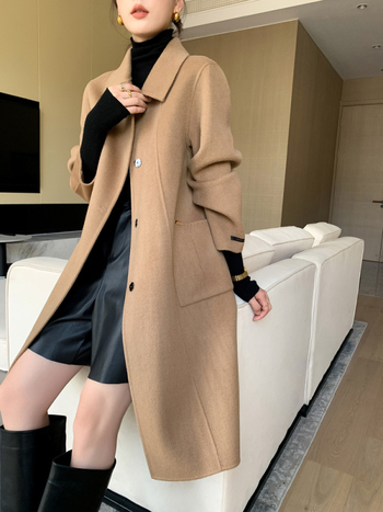 Γυναικείο μακρύ παλτό από μαλλί, διπλής όψεως, στενή γραμμή, λαιμόκοψη τύπου doll collar