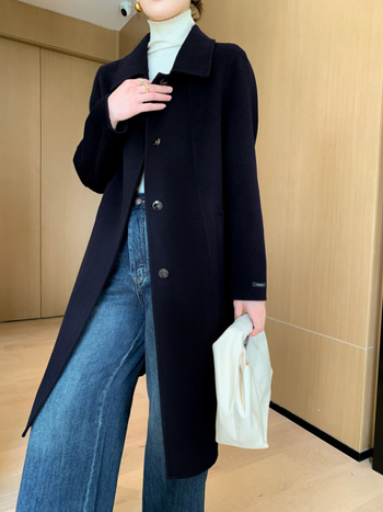 Γυναικείο μακρύ παλτό από μαλλί, διπλής όψεως, στενή γραμμή, λαιμόκοψη τύπου doll collar