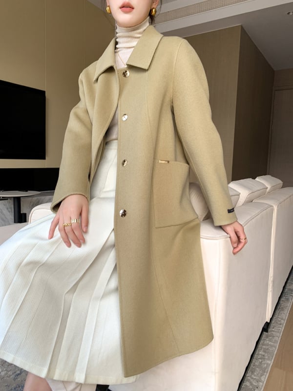 Γυναικείο μακρύ παλτό από μαλλί, διπλής όψεως, στενή γραμμή, λαιμόκοψη τύπου doll collar