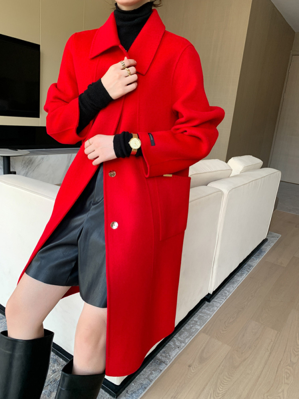 Γυναικείο μακρύ παλτό από μαλλί, διπλής όψεως, στενή γραμμή, λαιμόκοψη τύπου doll collar