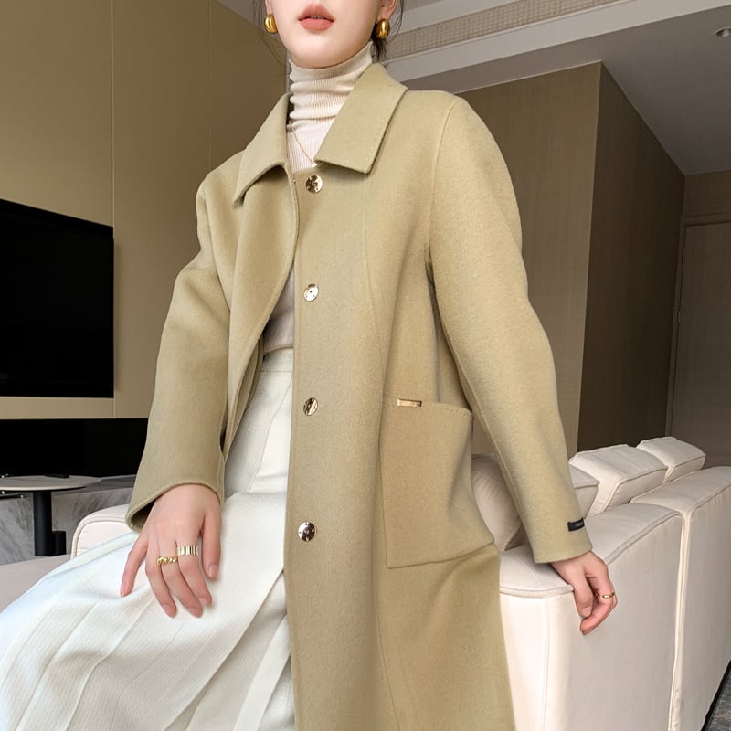 Γυναικείο μακρύ παλτό από μαλλί, διπλής όψεως, στενή γραμμή, λαιμόκοψη τύπου doll collar