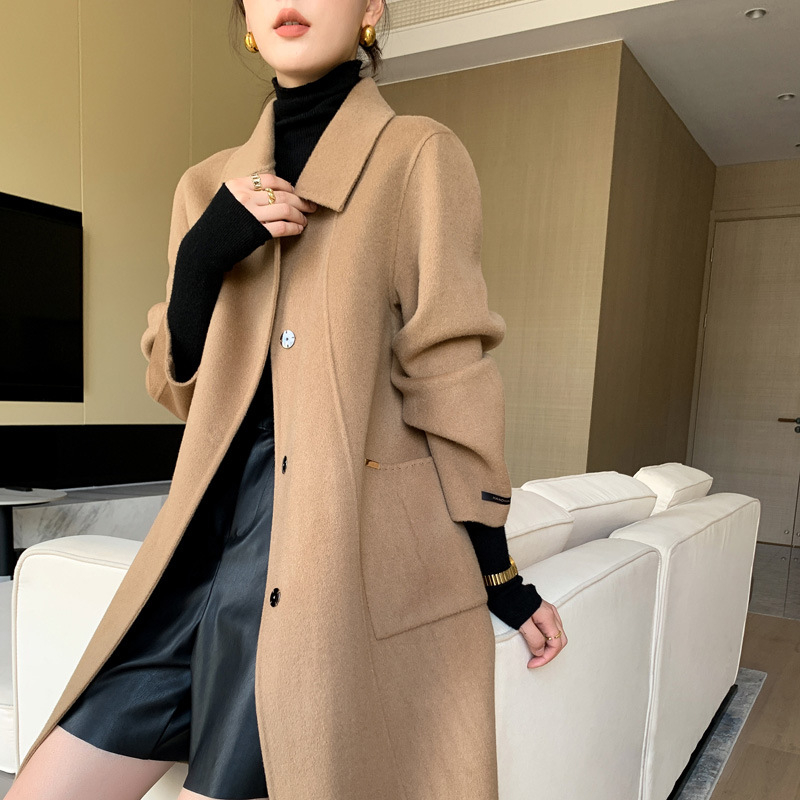 Γυναικείο μακρύ παλτό από μαλλί, διπλής όψεως, στενή γραμμή, λαιμόκοψη τύπου doll collar