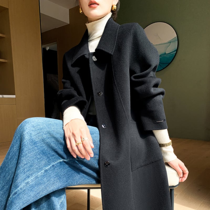 Γυναικείο μακρύ παλτό από μαλλί, διπλής όψεως, στενή γραμμή, λαιμόκοψη τύπου doll collar