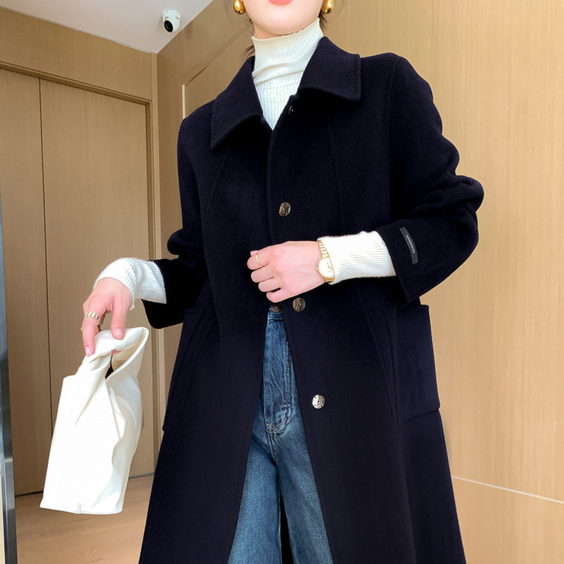 Γυναικείο μακρύ παλτό από μαλλί, διπλής όψεως, στενή γραμμή, λαιμόκοψη τύπου doll collar