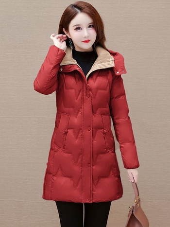 Női tollkabát kapucnival, középtávú hossz (65–80 cm), slim-fit szabás, poliészter, fehér kacsa toll, kasmír 51–55%