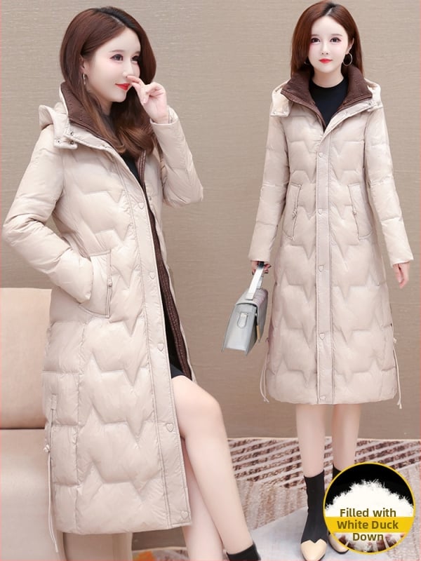 Női tollkabát kapucnival, középtávú hossz (65–80 cm), slim-fit szabás, poliészter, fehér kacsa toll, kasmír 51–55%