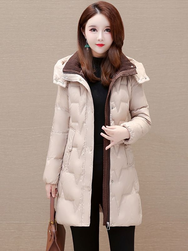 Női tollkabát kapucnival, középtávú hossz (65–80 cm), slim-fit szabás, poliészter, fehér kacsa toll, kasmír 51–55%