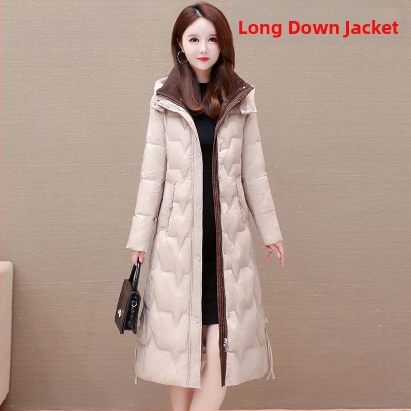 Női tollkabát kapucnival, középtávú hossz (65–80 cm), slim-fit szabás, poliészter, fehér kacsa toll, kasmír 51–55%