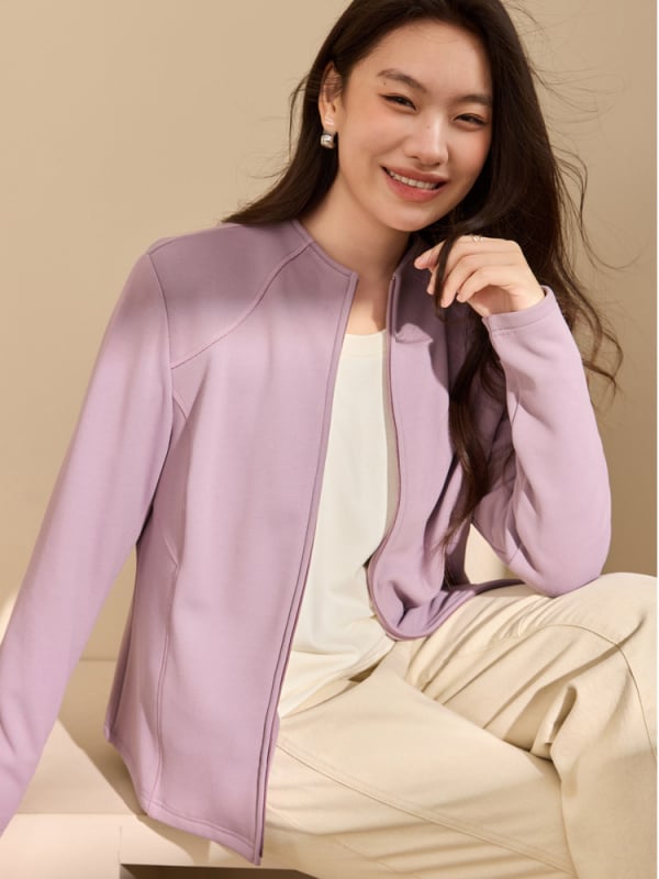 Poliestera flīsa kardigans ar apaļu kaklu, garām piedurknēm, rāvējslēdzējs, šaurs piegriezums (Ziema 2025) – Elegants ikdienas stils