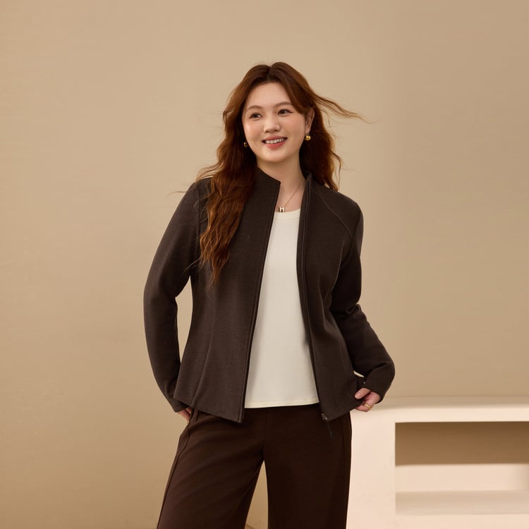 Poliestera flīsa kardigans ar apaļu kaklu, garām piedurknēm, rāvējslēdzējs, šaurs piegriezums (Ziema 2025) – Elegants ikdienas stils