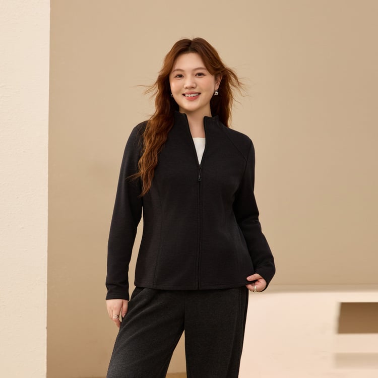 Poliestera flīsa kardigans ar apaļu kaklu, garām piedurknēm, rāvējslēdzējs, šaurs piegriezums (Ziema 2025) – Elegants ikdienas stils