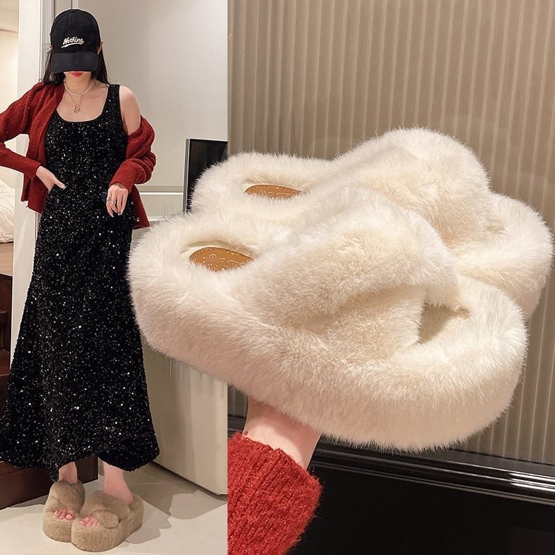 Moteriškos augimo šlepetės su pūkuotu viršumi, vidus iš audinio, neslydinti storas padas, apvalus pirštas