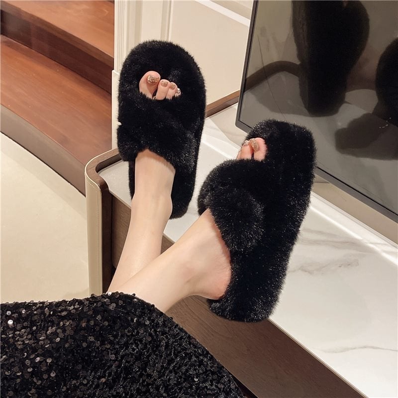 Moteriškos augimo šlepetės su pūkuotu viršumi, vidus iš audinio, neslydinti storas padas, apvalus pirštas