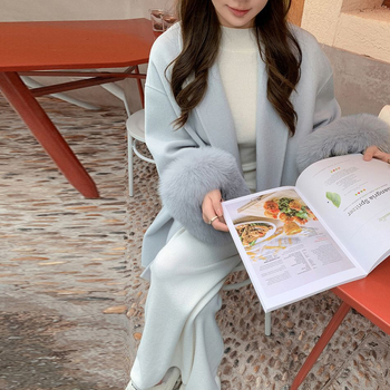 Chenille jaka ar fleece iekšpuse, mākslīgās kažokādas apkakle, vidēja garuma, garas piedurknes