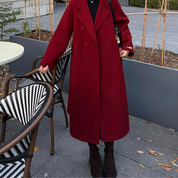 Γυναικείο διπλής όψης μάλλινο παλτό, μεσαίου μήκους, κορεατικού στυλ, εφαρμοστή γραμμή