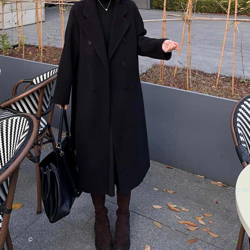 Γυναικείο διπλής όψης μάλλινο παλτό, μεσαίου μήκους, κορεατικού στυλ, εφαρμοστή γραμμή