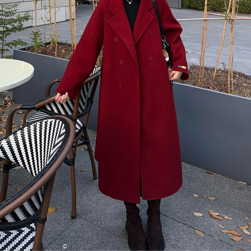 Γυναικείο διπλής όψης μάλλινο παλτό, μεσαίου μήκους, κορεατικού στυλ, εφαρμοστή γραμμή