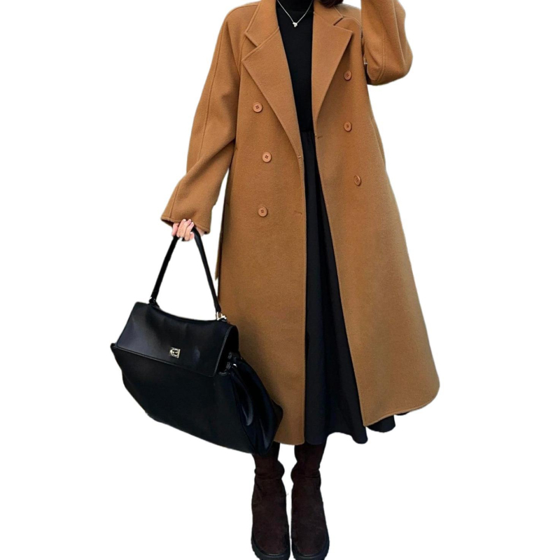 Γυναικείο διπλής όψης μάλλινο παλτό, μεσαίου μήκους, κορεατικού στυλ, εφαρμοστή γραμμή