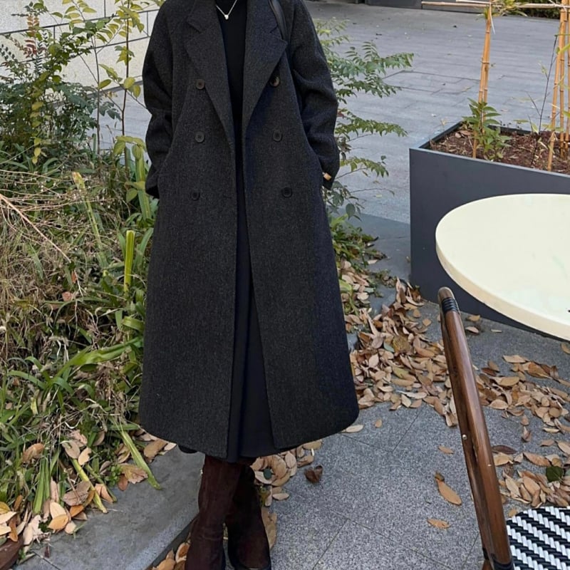 Γυναικείο διπλής όψης μάλλινο παλτό, μεσαίου μήκους, κορεατικού στυλ, εφαρμοστή γραμμή