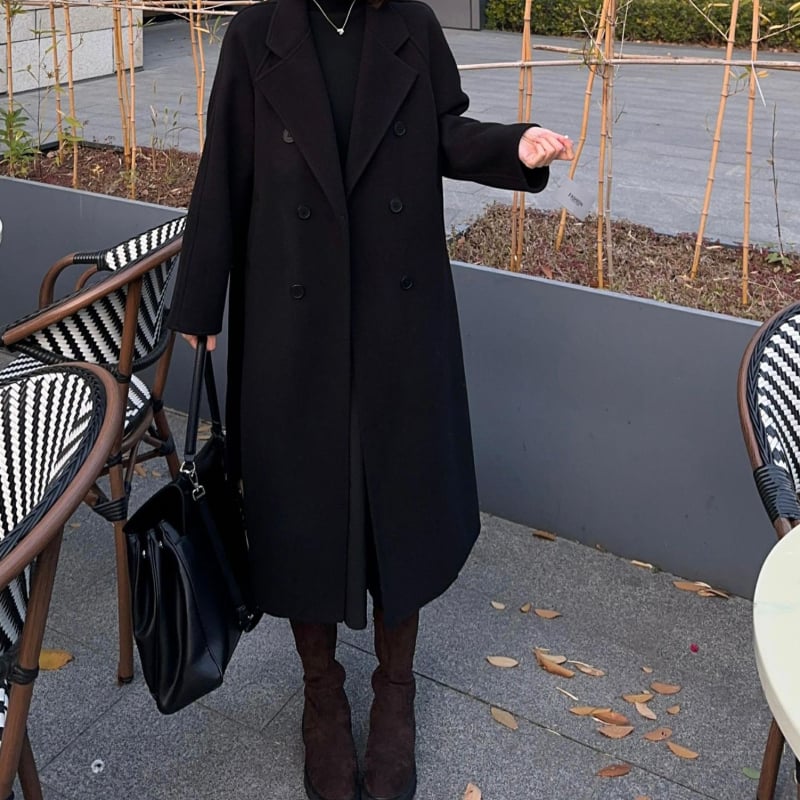 Γυναικείο διπλής όψης μάλλινο παλτό, μεσαίου μήκους, κορεατικού στυλ, εφαρμοστή γραμμή