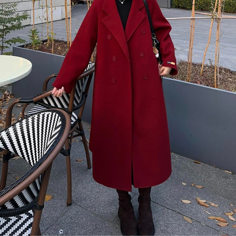 Γυναικείο διπλής όψης μάλλινο παλτό, μεσαίου μήκους, κορεατικού στυλ, εφαρμοστή γραμμή