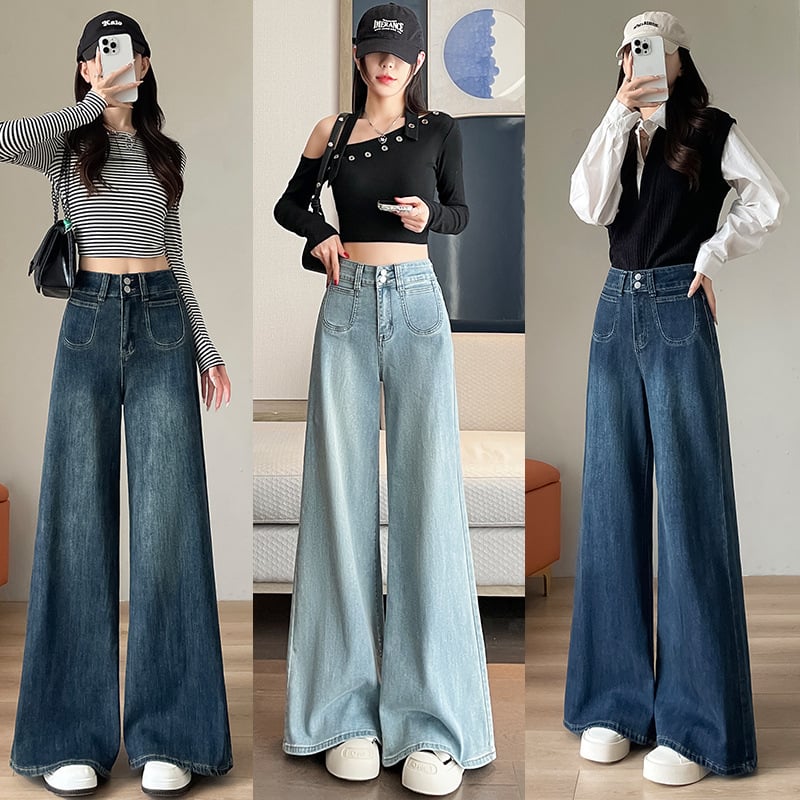 Ženske džinse s širokim krojem i visokim strukom, denim, pamuk 50–70%, mikroelastičnost