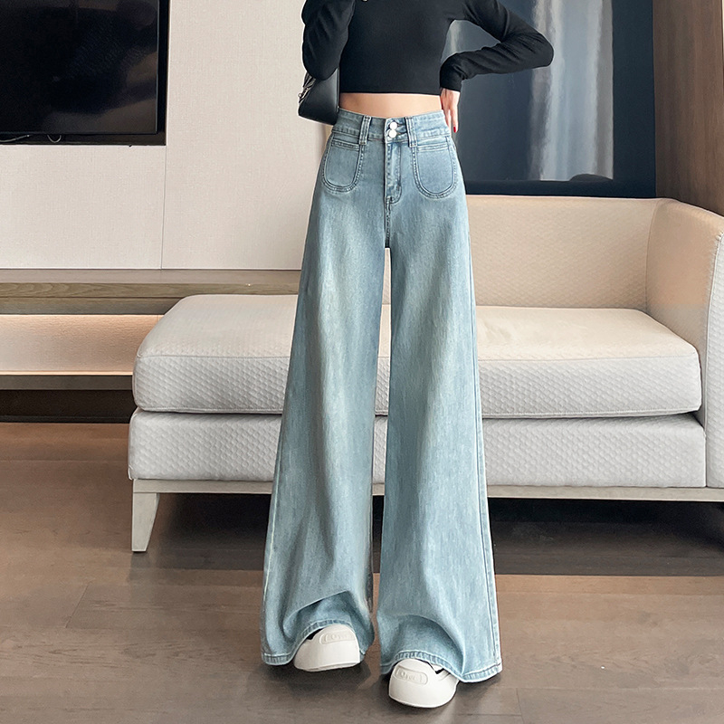 Ženske džinse s širokim krojem i visokim strukom, denim, pamuk 50–70%, mikroelastičnost