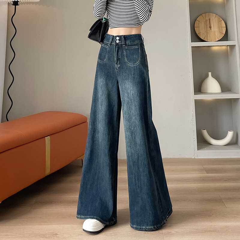 Ženske džinse s širokim krojem i visokim strukom, denim, pamuk 50–70%, mikroelastičnost