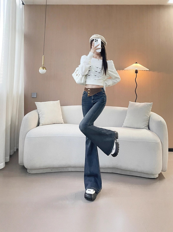 Traperice od denima visokim strukom, bootcut sa blagim širenjem, duljina do poda, debele denim s 70–80% pamuka