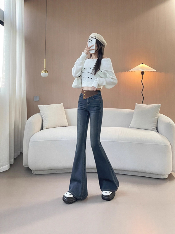 Traperice od denima visokim strukom, bootcut sa blagim širenjem, duljina do poda, debele denim s 70–80% pamuka