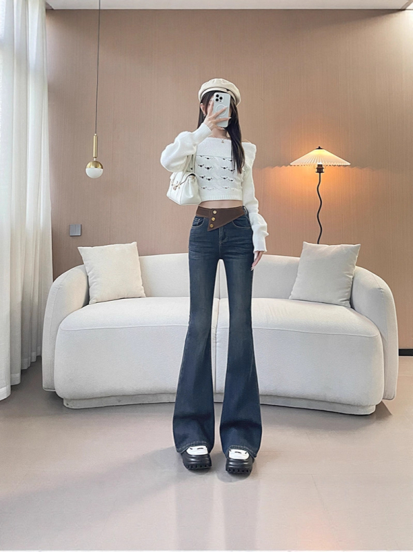 Traperice od denima visokim strukom, bootcut sa blagim širenjem, duljina do poda, debele denim s 70–80% pamuka