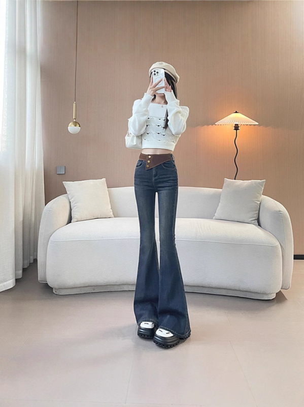 Traperice od denima visokim strukom, bootcut sa blagim širenjem, duljina do poda, debele denim s 70–80% pamuka