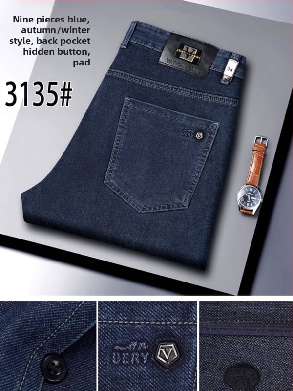 Ανδρικά τζιν υψηλής μέσης, ίσια γραμμή, φερμουάρ μπροστά, διπλή ζώνη μέσης, μίγμα πολυεστέρα-χημικών ινών, άνοιξη-φθινόπωρο