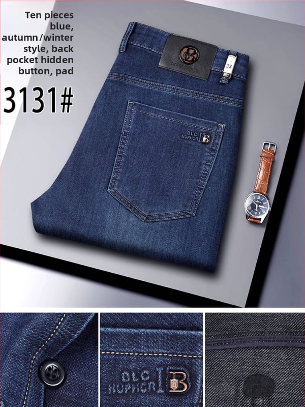 Ανδρικά τζιν υψηλής μέσης, ίσια γραμμή, φερμουάρ μπροστά, διπλή ζώνη μέσης, μίγμα πολυεστέρα-χημικών ινών, άνοιξη-φθινόπωρο