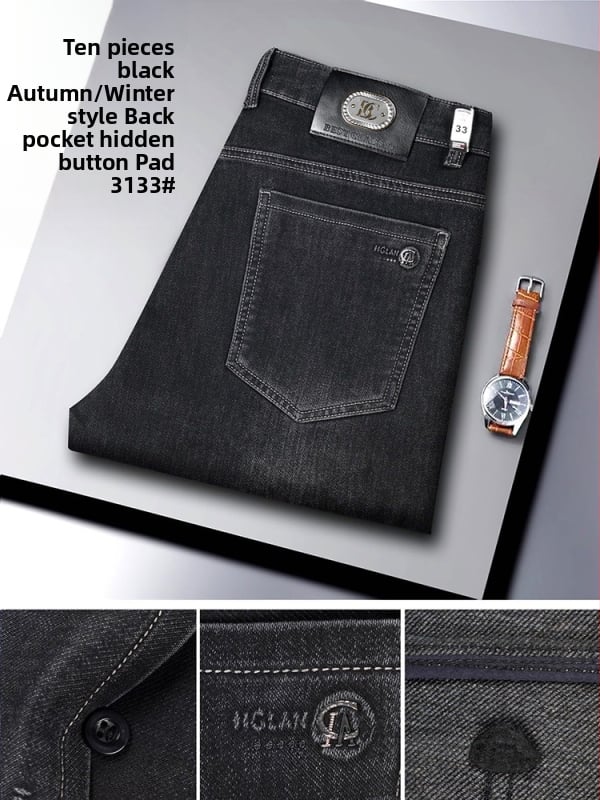 Ανδρικά τζιν υψηλής μέσης, ίσια γραμμή, φερμουάρ μπροστά, διπλή ζώνη μέσης, μίγμα πολυεστέρα-χημικών ινών, άνοιξη-φθινόπωρο